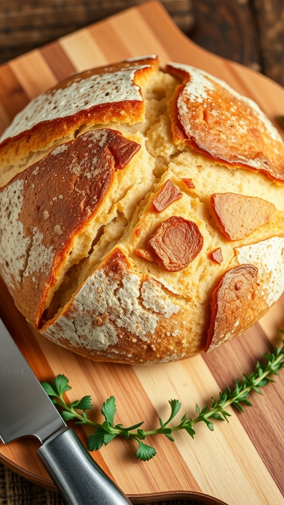 No-Knead Dutch Oven Bread Recipe A golden-brown loaf of no-knead bread on a wooden board, with a soft interior and crispy crust.